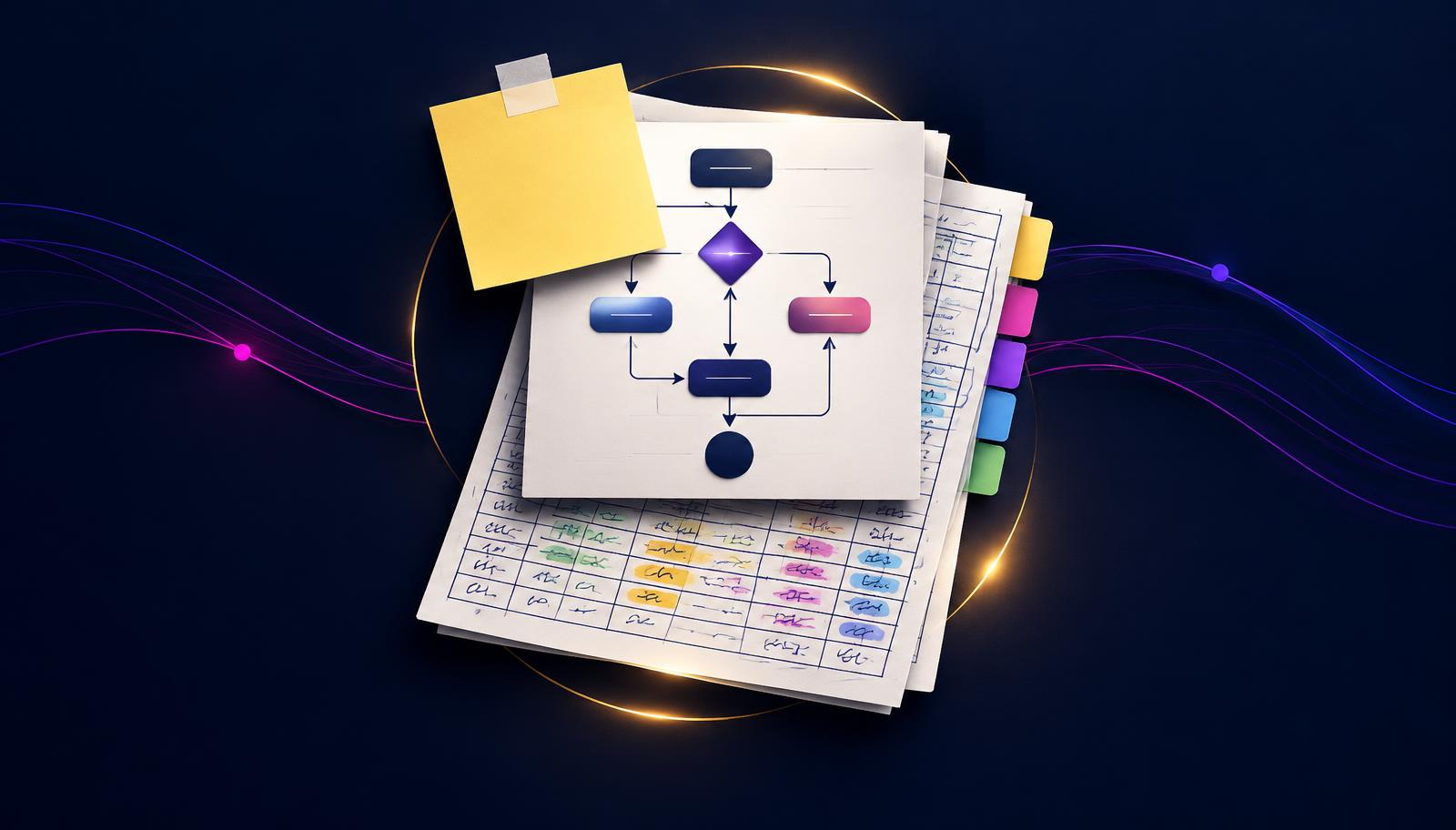A temporary note stuck on top of a clean process map, with a growing color-coded spreadsheet underneath.